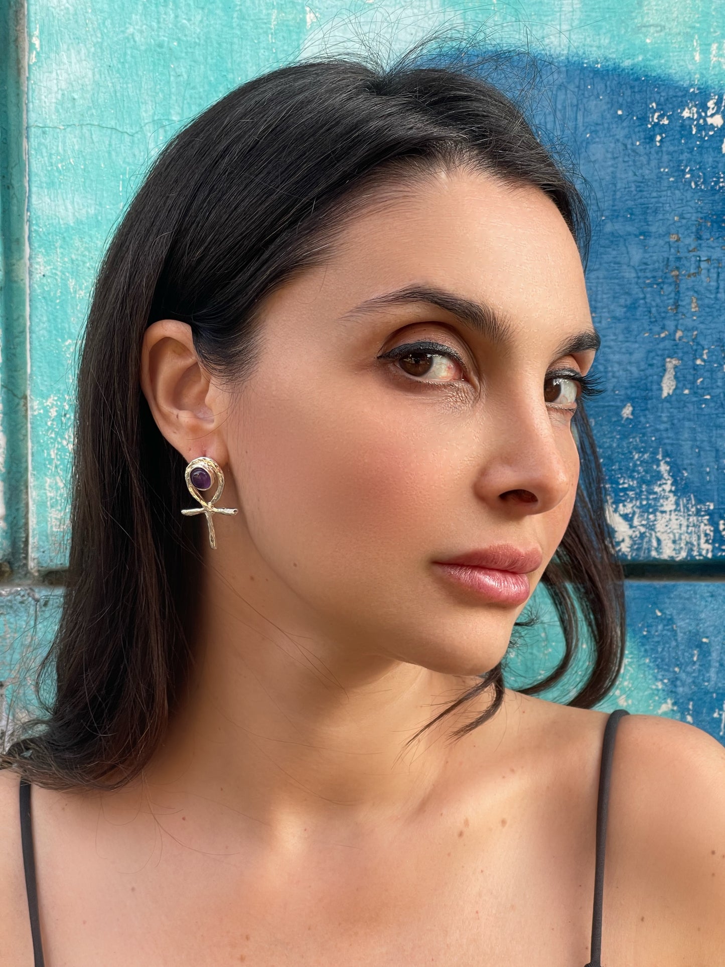 Orecchino Ankh Egizio ciondolo in argento con ametista