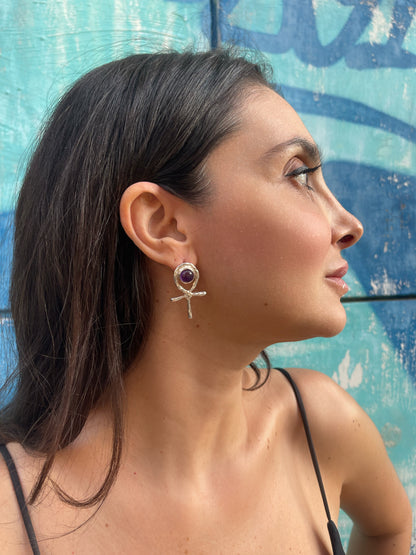 Orecchino Ankh Egizio ciondolo in argento con ametista