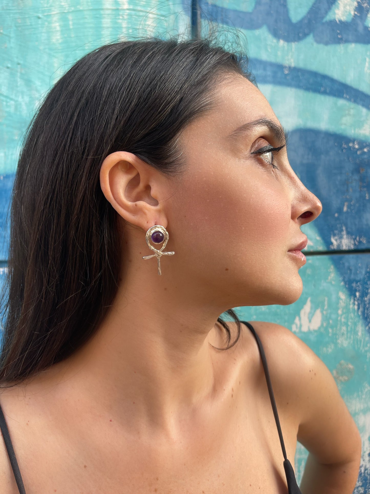 Orecchino Ankh Egizio ciondolo in argento con ametista